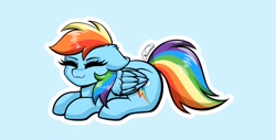 Size: 2000x1018 | Tagged: safe, artist:nuumia, derpibooru import, rainbow dash, pegasus, pony, :3, blue background, cyan background, ears, ears back, eyes closed, floppy ears, lying down, prone, simple background, smiling, solo