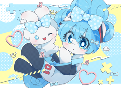 Size: 3000x2200 | Tagged: safe, artist:lexiedraw, derpibooru import, dog, earth pony, pony, alternate hairstyle, anime, blushing, bow, cinnamoroll, clothes, female, hair bow, hatsune miku, heart, mare, one eye closed, ponified, puppy, sanrio, socks, species swap, vocaloid