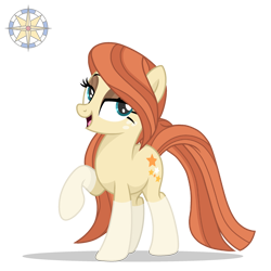 Size: 2501x2501 | Tagged: safe, artist:lavender-bases, artist:r4hucksake, derpibooru import, oc, oc only, oc:frazzle, earth pony, pony, base used, bedroom eyes, coat markings, eyeshadow, female, freckles, long mane, long tail, looking at you, makeup, mare, raised hoof, raised leg, simple background, smiling, smiling at you, socks (coat marking), solo, tail