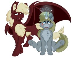 Size: 2500x2000 | Tagged: safe, artist:euspuche, derpibooru import, oc, oc only, oc:alabaster, oc:trinity, bat pony, unicorn, looking up, rule 63, simple background, smiling, transparent background