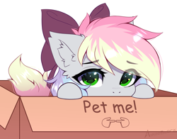 Size: 2773x2170 | Tagged: safe, artist:airiniblock, derpibooru import, oc, oc only, oc:blazey sketch, pegasus, bow, box, green eyes, grey fur, hair bow, looking at you, multicolored hair, pegasus oc, puppy dog eyes, simple background, solo, white background