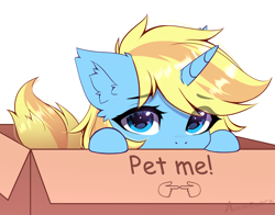 Size: 2773x2170 | Tagged: safe, artist:airiniblock, derpibooru import, oc, oc only, oc:skydreams, pony, unicorn, box, commission, cute, ear fluff, ears, female, fingers together, looking at you, mare, pet request, pony in a box, puppy dog eyes, simple background, solo, white background, ych result, your character here