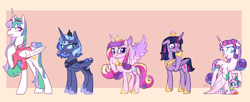 Size: 2406x978 | Tagged: safe, artist:harusocoma, derpibooru import, princess cadance, princess celestia, princess flurry heart, princess luna, twilight sparkle, twilight sparkle (alicorn), oc, alicorn, crystal pony, pony, alicorn pentarchy, alternate hairstyle, closed mouth, clothes, colored wings, concave belly, crown, crystallized, cyan eyes, ears back, ethereal mane, ethereal tail, eyeshadow, female, folded wings, gradient wings, grin, group, hairband, head turn, height difference, hoof shoes, jewelry, lidded eyes, looking back, looking down, makeup, mare, older, open mouth, peytral, pink eyes, princess shoes, purple eyes, raised hoof, raised leg, regalia, sextet, shirt, short tail, slim, slit eyes, smiling, spread wings, standing, stifling laughter, sweat, sweatdrops, tail, tail jewelry, teary eyes, thin, tiara, wings