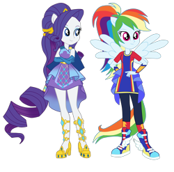 Size: 3540x3500 | Tagged: safe, artist:gmaplay, derpibooru import, rainbow dash, rarity, human, equestria girls, equestria girls series, forgotten friendship, spoiler:eqg series (season 2), alternate hairstyle, cape, clenched fist, clothes, cutie mark on clothes, determined smile, diamonds, eyeshadow, female, frills, gloves, gorget, high res, jewelry, kamen rider, kick, long gloves, long shirt, makeup, open mouth, open smile, pants, ponied up, pony ears, ponytail, shoes, simple background, sleeveless, smiling, sneakers, spread wings, super ponied up, sweatpants, tiara, transparent background, wings