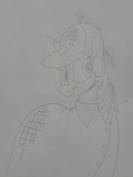 Size: 1944x2592 | Tagged: safe, artist:princebluemoon3, derpibooru import, twilight sparkle, twilight sparkle (alicorn), alicorn, pony, deerstalker, detective, detective twilight, drawing, hat, pencil drawing, sherlock holmes, sherlock sparkle, smiling, solo, traditional art