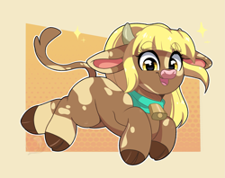 Size: 2231x1765 | Tagged: safe, artist:joaothejohn, derpibooru import, oc, oc only, cow, bell, bell collar, bovine, collar, commission, cow oc, cowbell, cute, female, horns, looking at you, ocbetes, open mouth, running, simple background, solo