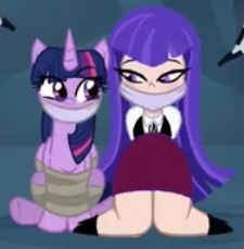 Size: 225x229 | Tagged: safe, derpibooru import, twilight sparkle, twilight sparkle (alicorn), alicorn, human, pony, bondage, bound and gagged, calm, cloth gag, dc comics, duo, duo female, female, gag, help us, looking at each other, looking at someone, rope, rope bondage, sitting, smiling, smirk, tied up, zatanna