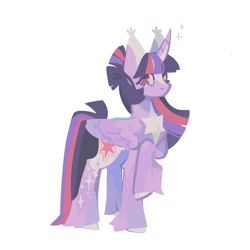 Size: 1000x1000 | Tagged: safe, artist:camo-thy, derpibooru import, twilight sparkle, twilight sparkle (alicorn), alicorn, pony, alternate design, curved horn, female, looking at you, mare, raised hoof, raised leg, redesign, simple background, solo, sparkles, unshorn fetlocks, white background