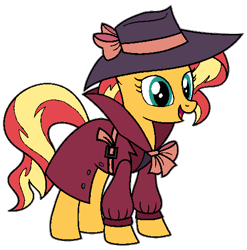 Size: 490x495 | Tagged: safe, artist:guruyunus17, derpibooru import, sunset shimmer, pony, unicorn, clothes, cute, detective, detective shimmer, fedora, female, happy, hat, open mouth, simple background, solo, transparent background, trenchcoat