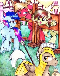 Size: 2097x2649 | Tagged: safe, artist:liaaqila, oc, oc:disco hooch, oc:gusty longbow evergreen, oc:marquis majordome, oc:windy barebow evergreen, earth pony, pegasus, pony, unicorn, annoyed, bail, bondage, commission, fine, gift art, glasses, humiliation, male, males only, pillory, ponyville, public humiliation, punishment, royal guard, rule 63, smiling, spear, stocks, waving, weapon