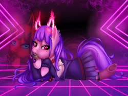 Size: 2000x1500 | Tagged: safe, artist:underdog234, derpibooru import, oc, oc:akuma nihmune, oc:numi, earth pony, pony, clothes, collar, ear piercing, earring, heart, jewelry, lying down, piercing, plum, ponified, prone, solo, species swap, vtuber