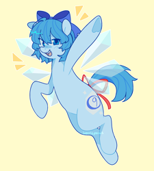 Size: 2170x2406 | Tagged: safe, artist:beetlepaws, derpibooru import, pony, belly, blue, blue eyes, blue hair, blue mane, blue tail, bow, cirno, colored, cute, female, flying, high res, mare, open mouth, ponified, raised hoof, raised leg, round belly, simple background, species swap, tail, tail bow, touhou, underhoof, wings