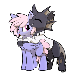 Size: 2000x2000 | Tagged: safe, artist:fv0003, derpibooru import, rainbowshine, oc, changeling, pegasus, pony, brown changeling, changeling oc, commission, duo, hug, simple background, transparent background