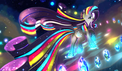 Size: 2315x1350 | Tagged: safe, alternate version, artist:darksly, derpibooru import, rarity, pony, unicorn, diamonds, female, glowing, long mane, long tail, looking at you, mare, neon, rainbow power, smiling, solo, tail