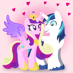 Size: 1400x1400 | Tagged: safe, artist:mlplary6, derpibooru import, princess cadance, shining armor, alicorn, pony, unicorn, crown, female, heart, husband and wife, jewelry, looking at each other, looking at someone, love, male, mare, married couple, regalia, shiningcadance, shipping, smiling, smiling at each other, stallion, straight