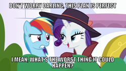 Size: 1066x600 | Tagged: safe, derpibooru import, edit, edited screencap, editor:twi clown, screencap, rainbow dash, rarity, pegasus, unicorn, sparkle's seven, bush, caption, detective rarity, duo, female, grammar error, hat, image macro, mare, text