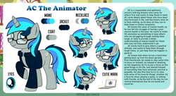 Size: 5450x2974 | Tagged: safe, artist:jennieoo, derpibooru import, oc, oc:ac the animator, pony, unicorn, bio, commission, cutie mark, eye, eyes, glasses, happy, looking at you, one eye closed, reference, reference sheet, shocked, shocked expression, smiling, smiling at you, solo, wink