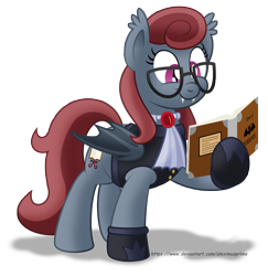 Size: 3613x3713 | Tagged: safe, artist:aleximusprime, derpibooru import, oc, oc only, oc:cryptania, bat pony, bat pony oc, bat wings, book, booties, clothes, glasses, octavia in the underworld's cello, simple background, slit eyes, solo, transparent background, vest, wings