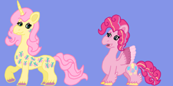 Size: 3000x1500 | Tagged: safe, artist:mintwhistle, derpibooru import, fluttershy, pinkie pie, pegasus, pony, twinkle eyed pony, unicorn, g4, blue background, chubby, colored hooves, colored wings, concave belly, duo, duo female, feathered fetlocks, female, fluttershy (g5 concept leak), freckles, g5 concept leaks, looking at each other, looking at someone, mare, medibang paint, multicolored hair, multicolored mane, multicolored wings, open mouth, open smile, pegasus pinkie pie, pinkie pie (g5 concept leak), race swap, redesign, simple background, smiling, smiling at each other, spread wings, twice as fancy ponies, unicorn fluttershy, unshorn fetlocks, wings