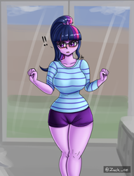 Size: 1300x1700 | Tagged: safe, artist:zachc, derpibooru import, sci-twi, twilight sparkle, equestria girls, breasts, busty sci-twi, clothes, curvy, exclamation point, female, hourglass figure, shorts, solo