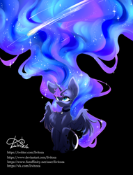 Size: 1300x1700 | Tagged: safe, artist:livitoza, derpibooru import, princess luna, alicorn, pony, :3, big ears, black background, chest fluff, collar, concave belly, cutie mark accessory, cutie mark collar, ears, ethereal mane, female, impossibly long mane, long mane, mare, partially open wings, simple background, slim, solo, starry mane, text, thighs, thin, thunder thighs, windswept mane, wings, wingsa