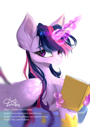 Size: 2481x3507 | Tagged: safe, artist:livitoza, derpibooru import, twilight sparkle, twilight sparkle (alicorn), alicorn, pony, book, glowing, glowing horn, horn, simple background, white background