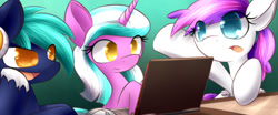 Size: 640x267 | Tagged: safe, artist:dshou, derpibooru import, oc, oc only, oc:blank canvas, oc:hoof beatz, oc:mane event, earth pony, pegasus, pony, unicorn, banner, bronycon, computer, female, laptop computer, male, mare, stallion, table, trio, unshorn fetlocks