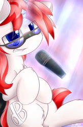 Size: 1250x1920 | Tagged: safe, artist:dshou, derpibooru import, oc, oc only, oc:dbpony, pony, unicorn, glasses, glowing, glowing horn, horn, levitation, looking at you, magic, microphone, sitting, smiling, smirk, solo, telekinesis