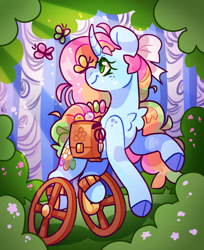 Size: 2214x2711 | Tagged: safe, artist:cocopudu, derpibooru import, oc, oc only, oc:sherbet blossom, butterfly, pony, unicorn, amputee, bag, bow, butterfly on nose, chest fluff, cloven hooves, female, forest, freckles, hair bow, high res, insect on nose, mare, saddle bag, shoulder freckles, smiling, solo, wheelchair