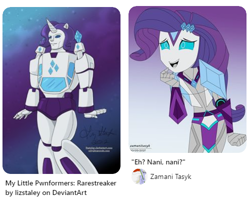 Size: 500x397 | Tagged: safe, artist:lizstaley, artist:zamanitasyk, derpibooru import, edit, rarity, robot, equestria girls, cybertronian, equestria bots, out of context, photo, pinterest, rarity day, reaction image, sunstreaker, text, transformerfied, transformers