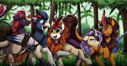Size: 4550x2370 | Tagged: safe, artist:pridark, derpibooru import, autumn blaze, pumpkin smoke, oc, oc:gusty, oc:lotus cinder, griffon, kirin, fanfic:words of power, annoyed, bound wings, cloven hooves, commission, concave belly, cross-popping veins, emanata, fanfic art, female, fluffy, forest, forest background, group, hooves, kirin oc, male, nervous sweat, open mouth, open smile, outdoors, quintet, smiling, sweat, sweatdrop, tree, walking, wings