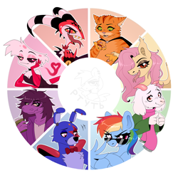 Size: 3000x3000 | Tagged: safe, artist:rtootb, derpibooru import, fluttershy, rainbow dash, anthro, bat pony, cat, demon, goat, pegasus, pony, rabbit, robot, spider, undead, angel dust (hazbin hotel), animal, animatronic, anthro with ponies, arachnid, bat ponified, bat wings, blitzo, blood, blushing, bonnie (fnaf), cape, chalk, choker, cigarette, circle, closed mouth, clothes, cooler, cute, deltarune, ear tufts, eyeshadow, fangs, female, five nights at freddy's, five nights at freddy's: security breach, flutterbat, freckles, glasses, gloves, grin, hazbin hotel, hellborn, helluva boss, horns, imp, jacket, lidded eyes, looking at you, magenta eyes, makeup, male, mare, open mouth, pink eyes, puss in boots, race swap, ralsei, red eyes, scarf, simple background, simple shading, sinner demon, slit eyes, smiling, smoking, spider demon, spread wings, sunglasses, susie (deltarune), tongue, tongue out, wings