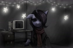 Size: 2560x1708 | Tagged: safe, artist:necromarecy, derpibooru import, oc, oc only, pony, unicorn, christmas, christmas lights, clothes, computer, holiday, scarf, solo, stars