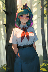 Size: 2048x3072 | Tagged: safe, ai content, derpibooru import, machine learning generated, princess celestia, human, belt, big breasts, blushing, breasts, clothes, crown, detailed background, female, forest, human female, humanized, jewelry, looking at you, neckerchief, outdoors, prompter:kalmar, purple eyes, regalia, shirt, skirt, solo, standing, tree