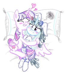 Size: 1166x1328 | Tagged: safe, artist:jack107401, derpibooru import, smarty pants, trixie, twilight sparkle, twilight sparkle (alicorn), alicorn, pony, bed, blushing, cheek squish, clothes, costume, eyes closed, floating heart, frown, grin, heart, hug, pillow, plushie, smiling, squishy cheeks