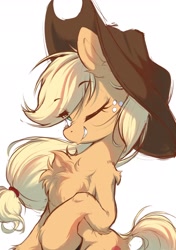 Size: 1534x2184 | Tagged: safe, artist:starbow, derpibooru import, part of a set, applejack, earth pony, pony, applejack's hat, chest fluff, clothes, cowboy hat, cute, eyebrows, eyebrows visible through hair, female, freckles, hat, jackabetes, looking at you, mare, one eye closed, simple background, smiling, smiling at you, solo, white background, wink, winking at you