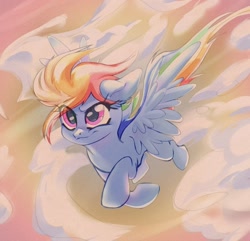 Size: 1540x1487 | Tagged: safe, artist:k_lash147, derpibooru import, rainbow dash, pegasus, pony, g4, cloud, eye clipping through hair, female, flying, mare, sky, solo, spread wings, wings