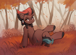 Size: 3889x2846 | Tagged: safe, artist:sugarstar, derpibooru import, oc, oc only, oc:ash mountain, earth pony, pony, autumn, crossed legs, ear piercing, eyebrow piercing, fangs, forest, grass, leaves, piercing, sitting, smiling, solo, tree