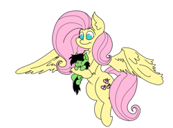 Size: 4591x3418 | Tagged: safe, artist:ponny, derpibooru import, fluttershy, oc, oc:anon filly, earth pony, pegasus, pony, colored, female, filly, flying, foal, holding a pony, simple background, smiling, white background