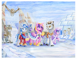 Size: 1572x1200 | Tagged: safe, artist:maytee, derpibooru import, princess cadance, princess flurry heart, shining armor, oc, oc:king siku, alicorn, changeling, hybrid, moth, mothling, original species, pony, unicorn, changeling king, commission, fluffy, igloo, male, older, older flurry heart, snow, snow changeling, snowpony, spear, traditional art, unshorn fetlocks, weapon