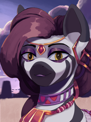 Size: 2340x3150 | Tagged: safe, artist:fly over, derpibooru import, oc, zebra, equestria at war mod, bust, ear piercing, earring, female, jewelry, mare, piercing, portrait, smiling