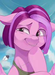 Size: 2340x3150 | Tagged: safe, artist:fly over, derpibooru import, oc, oc only, pegasus, equestria at war mod, bust, clothes, cute, dog tags, female, flying, mare, pegasus oc, portrait, shirt, sleeveless, sleeveless shirt, solo