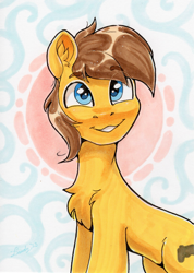 Size: 1471x2069 | Tagged: safe, artist:dandy, derpibooru import, oc, oc only, earth pony, pony, chest fluff, copic, ear fluff, ears, earth pony oc, eyebrows, eyebrows visible through hair, male, smiling, solo, traditional art