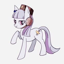 Size: 1500x1500 | Tagged: safe, artist:越水, derpibooru import, earth pony, pony, female, gold ship, hat, looking at you, mare, ponified, raised hoof, raised leg, simple background, smiling, solo, species swap, uma musume pretty derby, white background