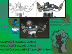 Size: 684x513 | Tagged: safe, artist:thomas.senko, derpibooru import, oc, oc only, cyborg, cyclops, pony, robot, robot pony, commission, commission open, cyclops pony, gray, green background, green hair, price list, prices, red eyes, simple background, transformers