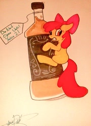 Size: 738x1024 | Tagged: safe, artist:jorobro, derpibooru import, apple bloom, earth pony, pony, alcohol, bottle, drink, female, filly, foal, label, solo, text, tiny, tiny ponies, traditional art
