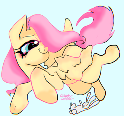 Size: 1125x1051 | Tagged: safe, artist:amethbelle, derpibooru import, angel bunny, fluttershy, pegasus, pony, rabbit, g4, animal, dot eyes, duo, duo male and female, female, female focus, flying, hair over one eye, male, mare, open mouth, signature, smiling, solo focus, spread wings, tail, wings