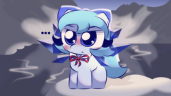 Size: 3840x2160 | Tagged: safe, artist:cushyhoof, derpibooru import, original species, pony, ..., 4k, blushing, bow, cirno, crystal wings, cute, fairy, fairy pony, fairy wings, female, high res, ice, lake, mare, mountain, ponified, snow, solo, species swap, touhou, unamused, water, wingding eyes, wings