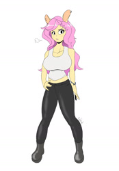 Size: 1200x1727 | Tagged: safe, artist:0ndshok, derpibooru import, fluttershy, anthro, plantigrade anthro, bracelet, breasts, clothes, ear piercing, earring, hootershy, human facial structure, jewelry, looking at you, piercing, simple background, tanktop, white background, wingless, wingless anthro