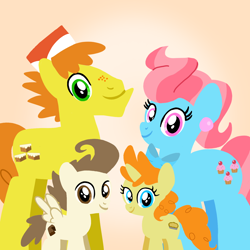 Size: 1400x1400 | Tagged: safe, artist:mlplary6, derpibooru import, carrot cake, cup cake, pound cake, pumpkin cake, earth pony, pegasus, pony, unicorn, bow, cake twins, carrot cup, colt pound cake, family, female, filly pumpkin cake, fraternal twins, hair bow, hat, husband and wife, looking at each other, looking at someone, looking at you, male, mare, married couple, older, older pound cake, older pumpkin cake, shipping, siblings, smiling, smiling at you, stallion, straight, the cakes, twins